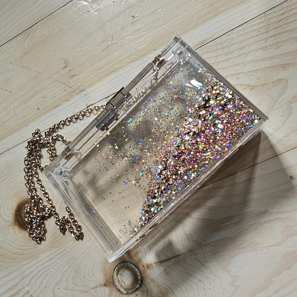 Clear Glitter Clutch with Gold Chain